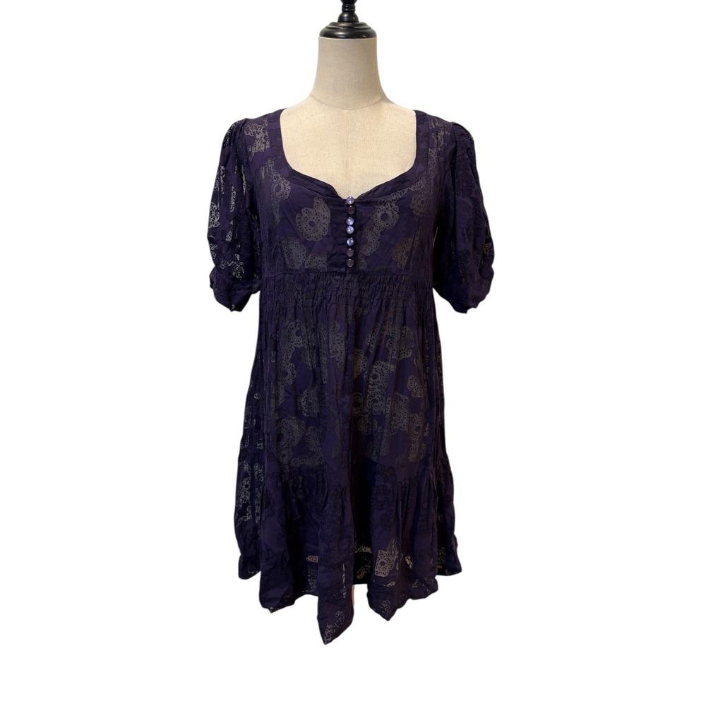 Maeve Purple‎ Babydoll Dress Sheer Floral Mini Sz 6 Whimsigoth Boho Fairy Grunge